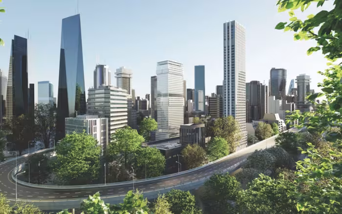 busy city landscape rich with trees